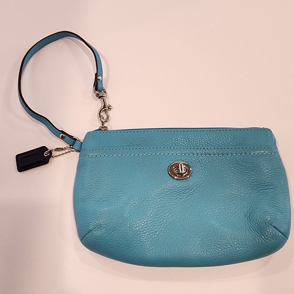 Coach Turquoise Leather Turn Lock Medium Wristlet